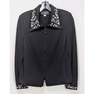 St John Collection Black Santana Knit Embroidered Zip Jacket Size 12 Marie Gray